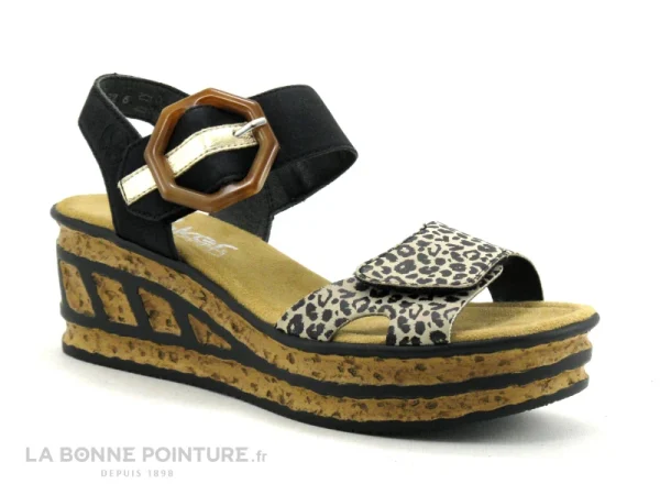 Rieker 68176-00 Noir Combine Leopard – Nu-pieds Talon Compense grande surprise 1