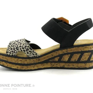 Rieker 68176-00 Noir Combine Leopard – Nu-pieds Talon Compense grande surprise 13